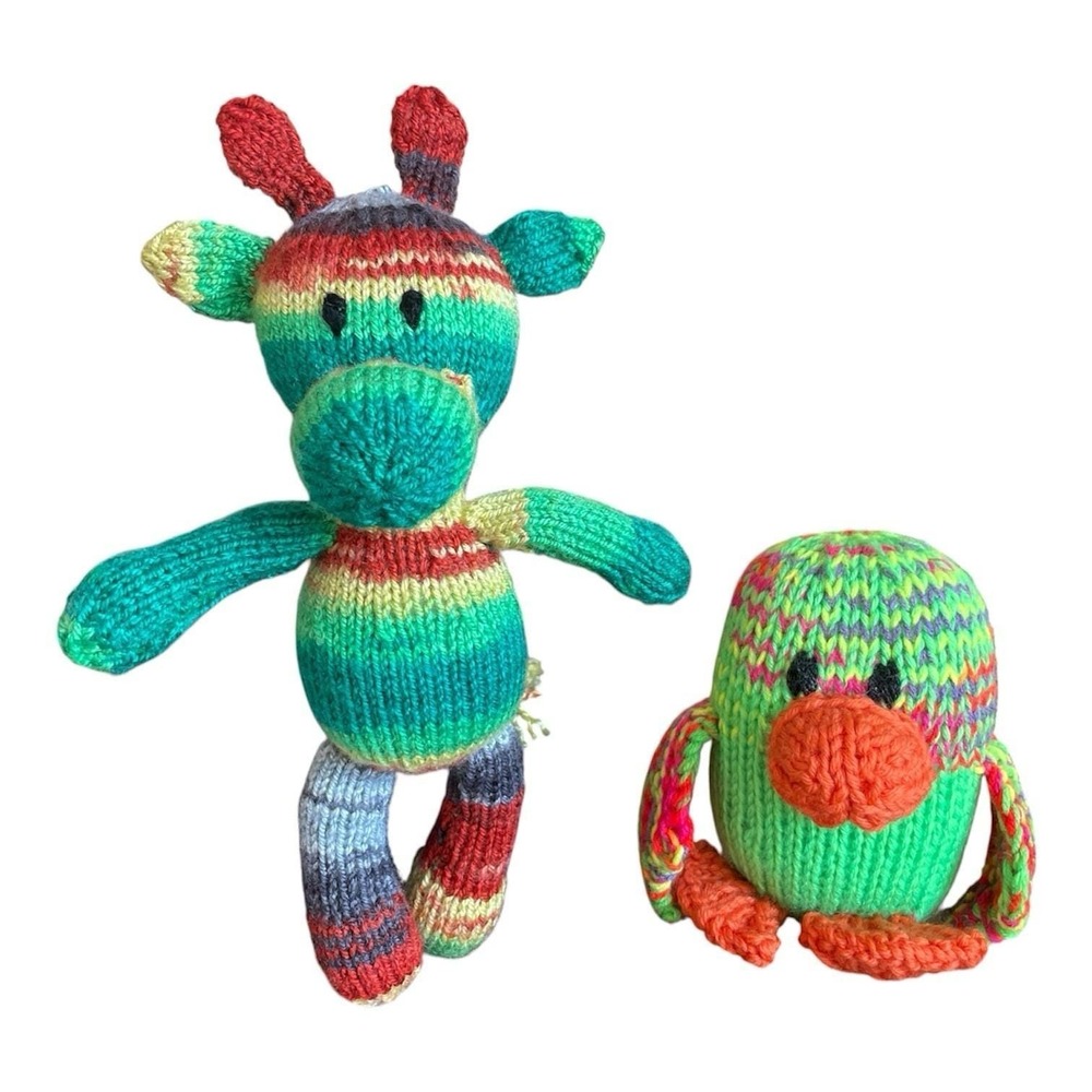 Handmade Green Toys Knit Giraffe Neon Penguin Stuffed Animals Plushies Set of 2
